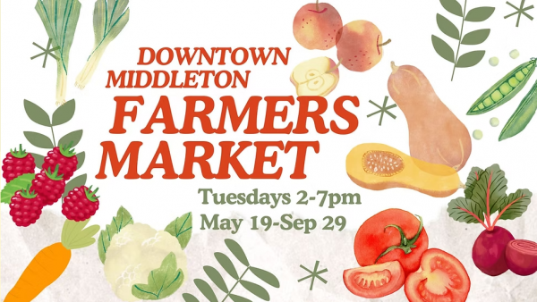 Flyer for Downtown Middleton Farmers Market with fruits, vegetables, and text: Tuesdays 2-7pm, May 19-Sep 29.
