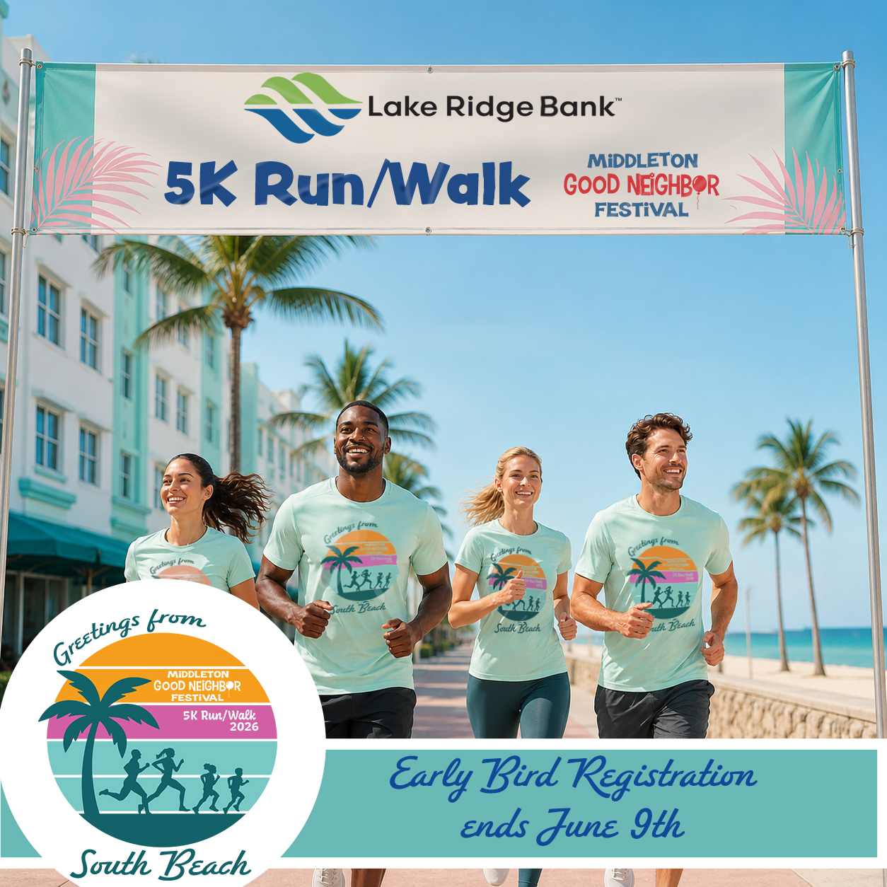 Four people run on a palm-lined street under a "5K Run/Walk" banner for the Middleton Good Neighbor Festival; registration info and a South Beach greeting are shown.