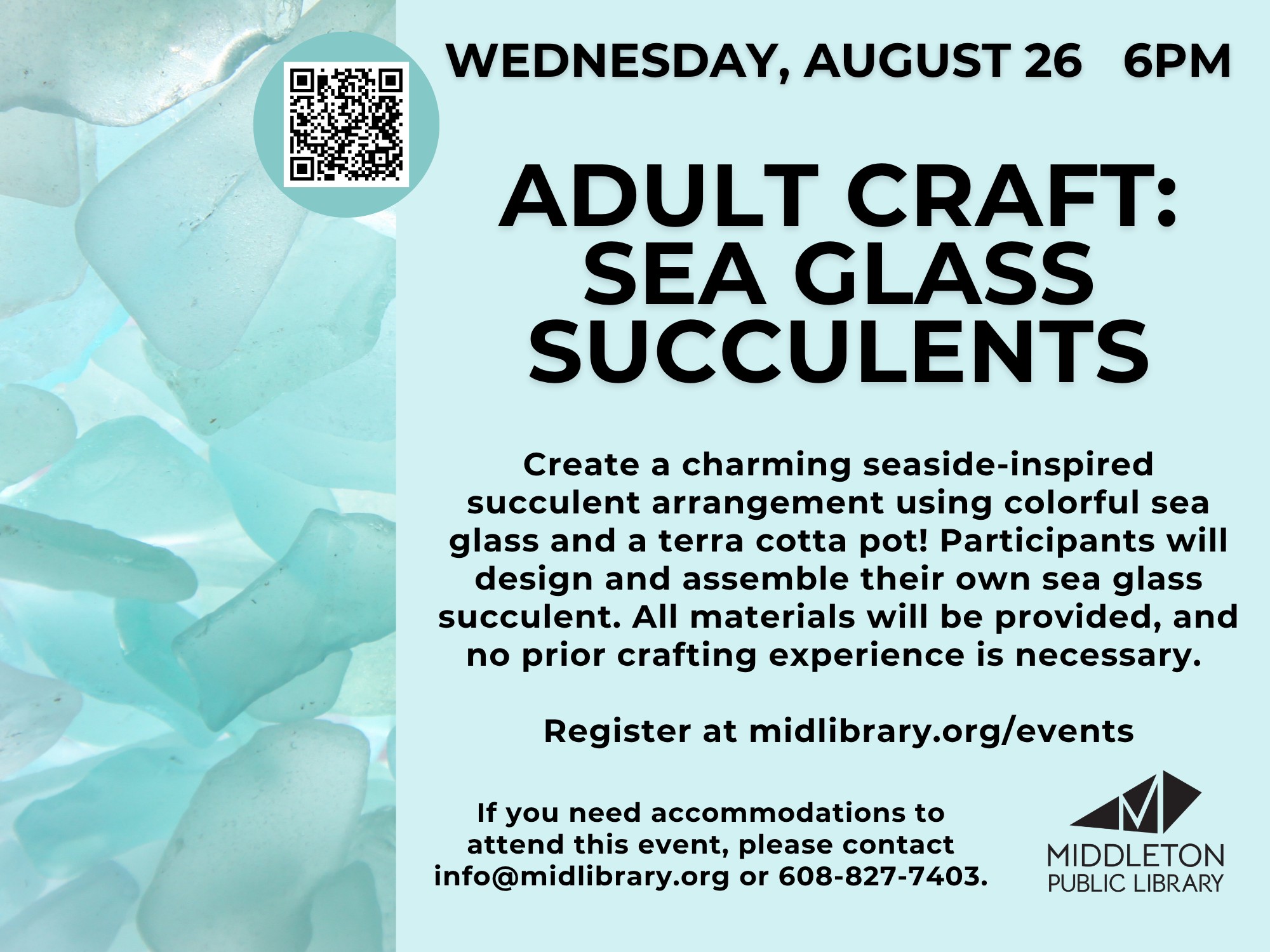 Flyer for an adult craft event on sea glass succulents at Middleton Public Library, with event details, registration info, and an image of sea glass in the background.