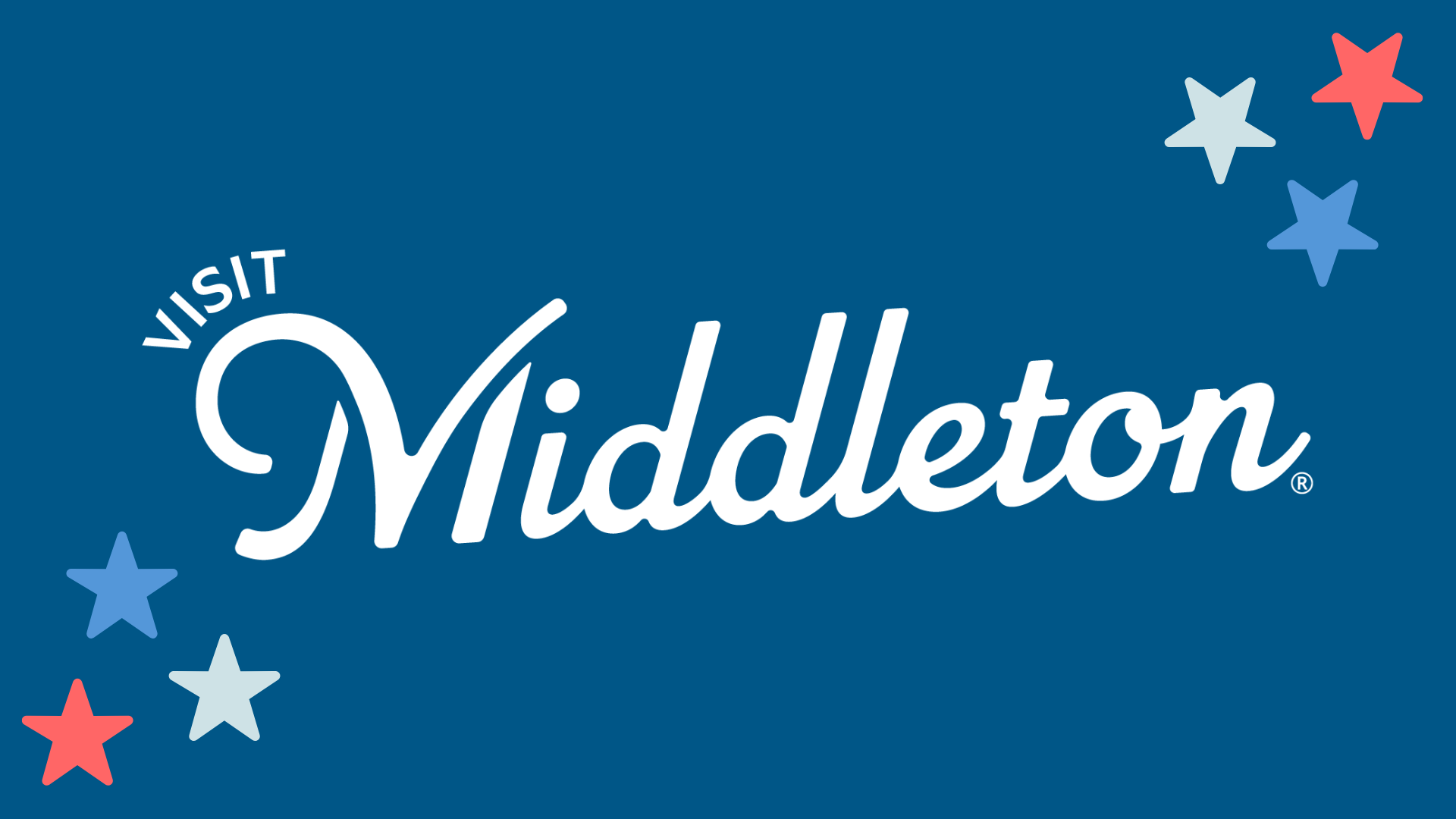 White "Visit Middleton" text on a blue background, with red, white, and blue stars in the corners.