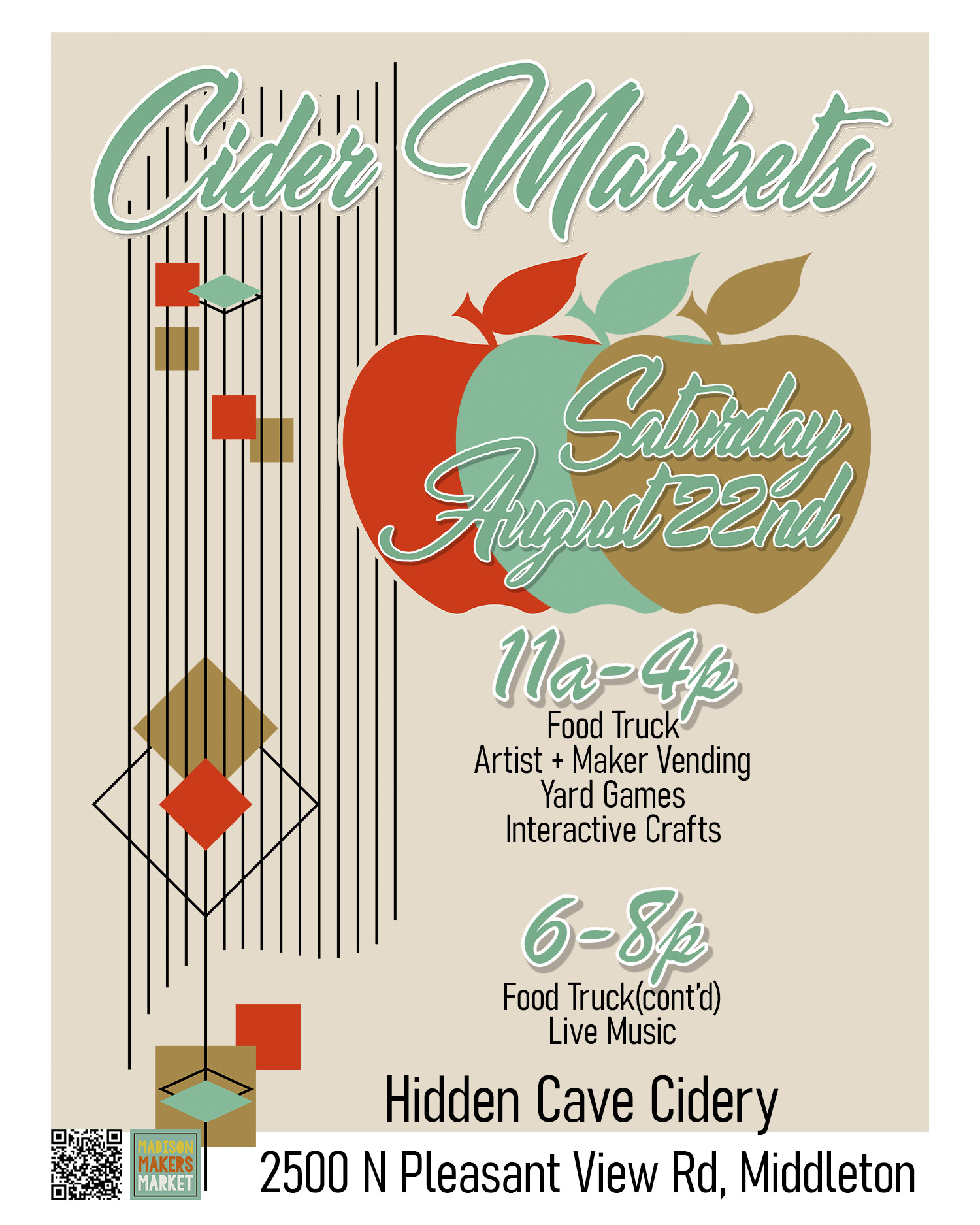 Poster for Cider Markets at Hidden Cave Cidery, 2500 N Pleasant View Rd, Middleton on August 22nd; includes food trucks, vending, crafts, and live music from 11am-8pm.
