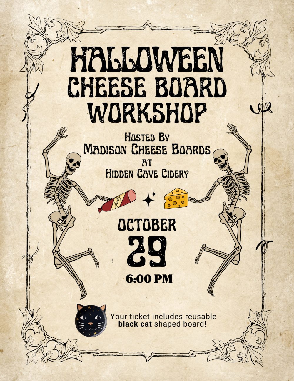Poster for a Halloween Cheese Board Workshop featuring dancing skeletons, cheese, salami, and a note about a reusable black cat shaped board. Event date: October 29, 6:00 PM.