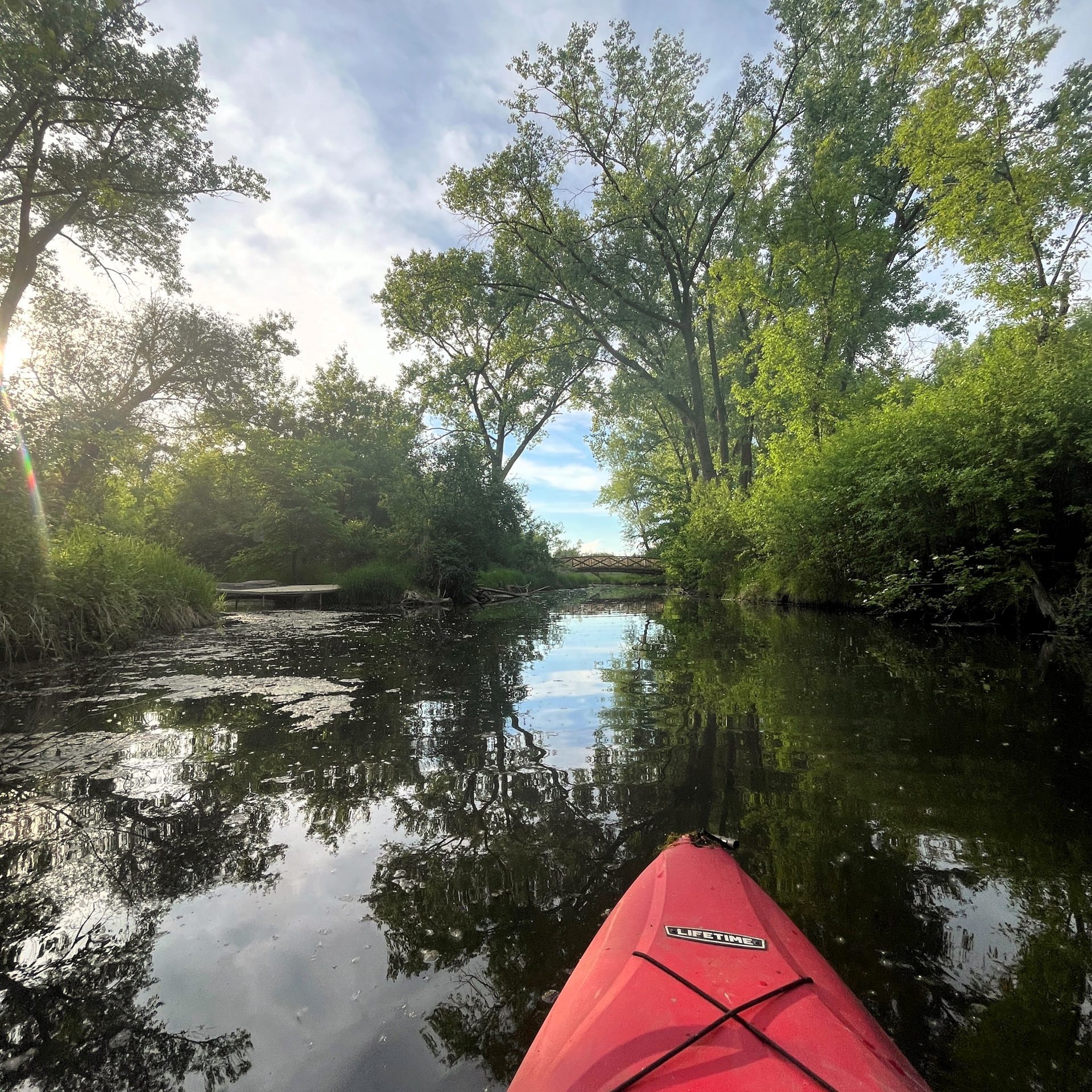 A red kayak floats on calm water surrounded by dense green trees under a partly cloudy sky, with reflections visible on the water’s surface.